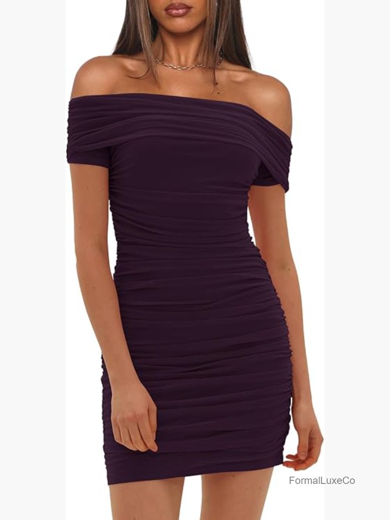 Off Shoulder Ruched Bodycon Mini Dress Mesh Cocktail Party